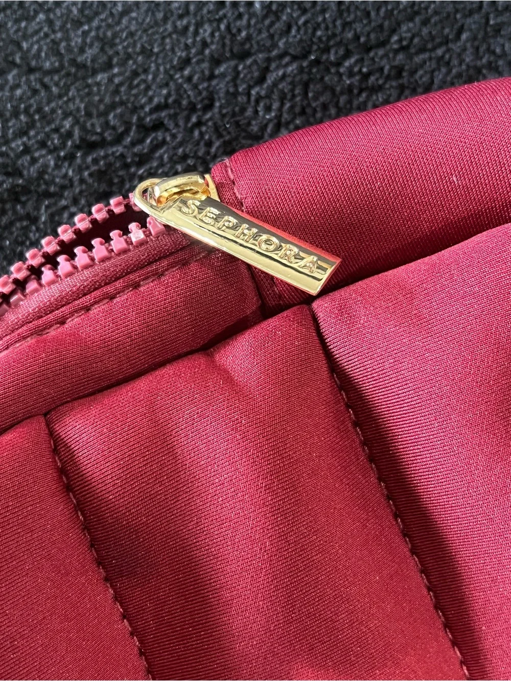 Sephora maroon Quilted Cosmetic Pouch with Gold Zipper